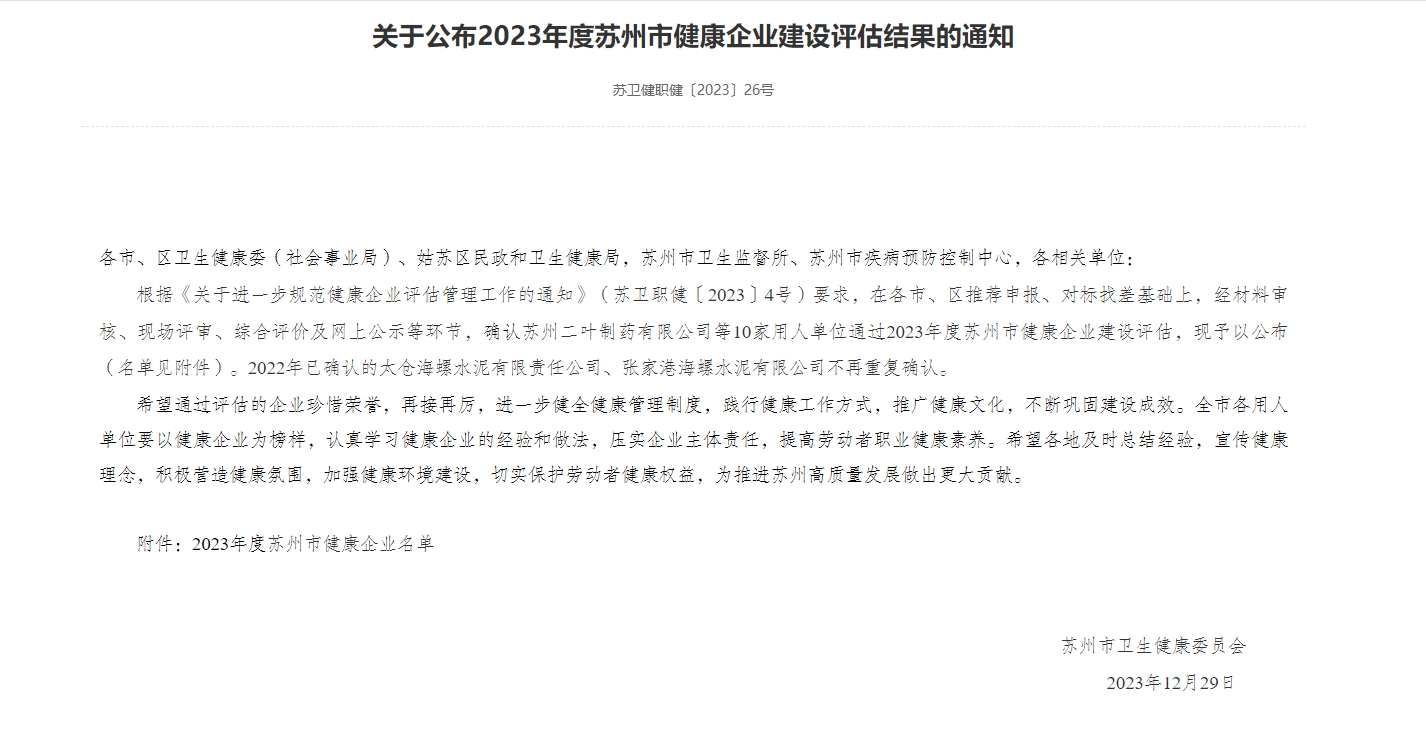江蘇海岸藥業(yè)榮獲蘇州市健康企業(yè)榮譽(yù)稱號(hào)